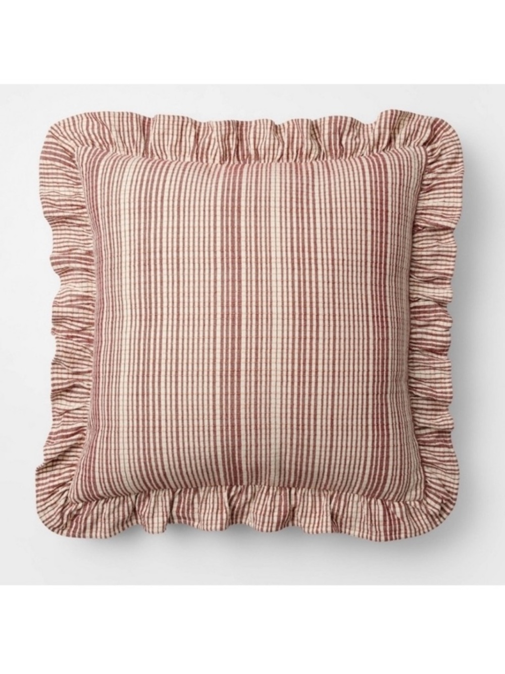 Studio McGee Threshold Uneven Plaid with Ruffle Pillow Burgundy Cream Christmas